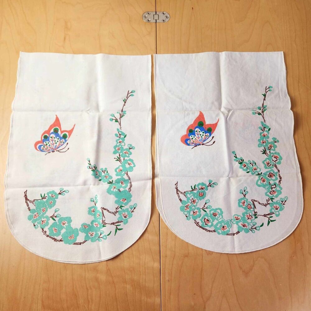 Pair of Vtg Handmade Liquid Embroidery Dresser Scarves Butterfly Flower Blossoms